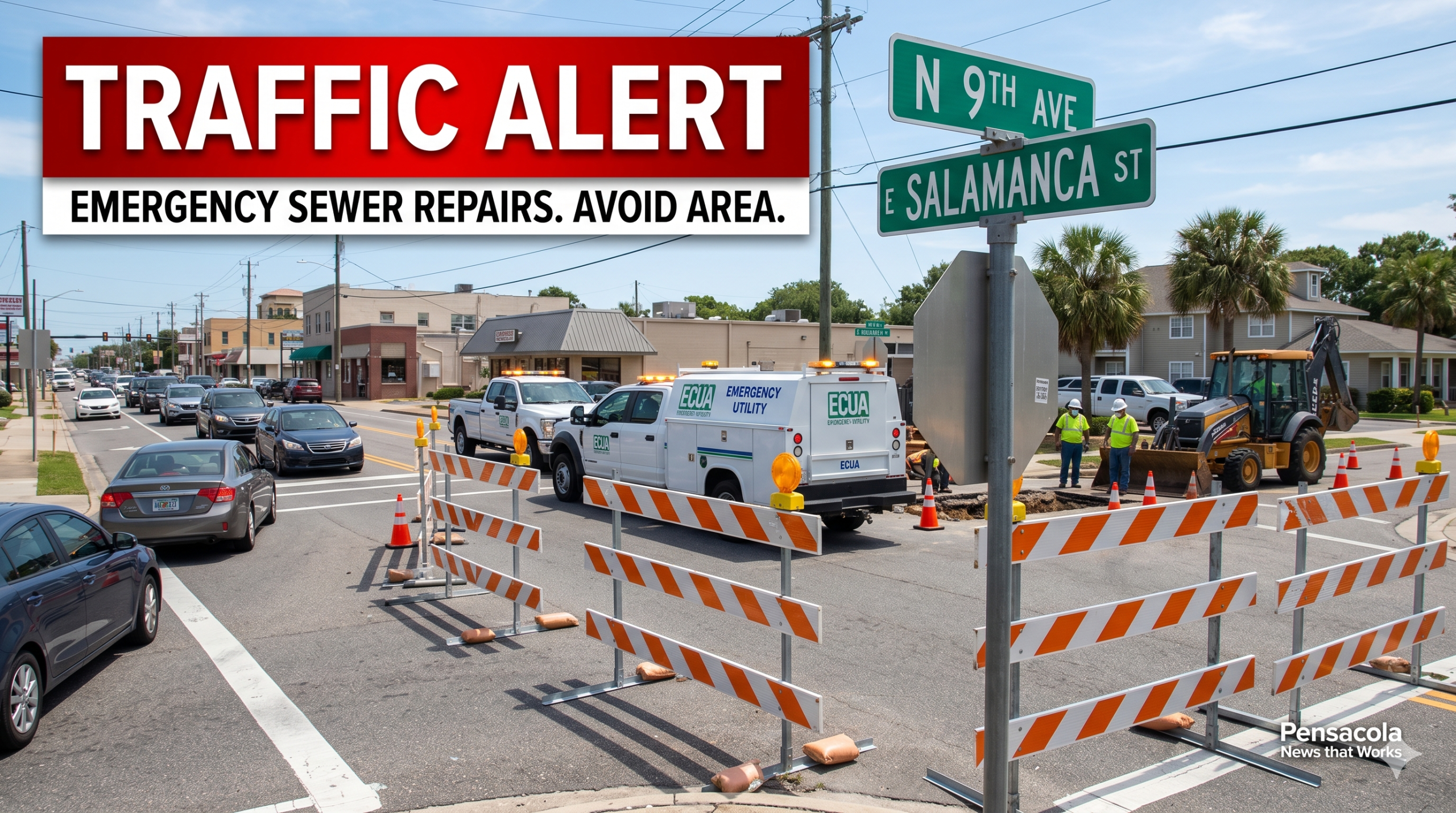 Commuters in the downtown area are advised to prepare for major delays starting this morning. The Emerald Coast Utilities Authority (ECUA) has announced emergency gravity sewer repairs will commence today, Monday, June 1, at the critical intersection of North 9th Avenue and East Salamanca Street. While ECUA crews are working to address the urgent issue, the road closure will impact traffic flow on N. 9th Ave and Salamanca St. A detailed map of the area, including marked detour routes and potential congestion points, can be found on pensacola.newswk.com