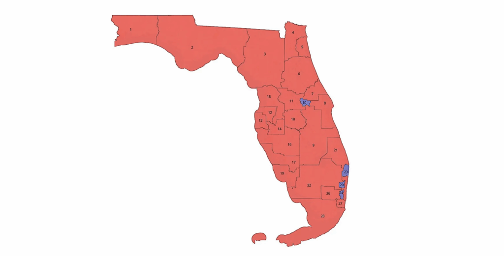 Florida map with numbered districts, some highlighted blue