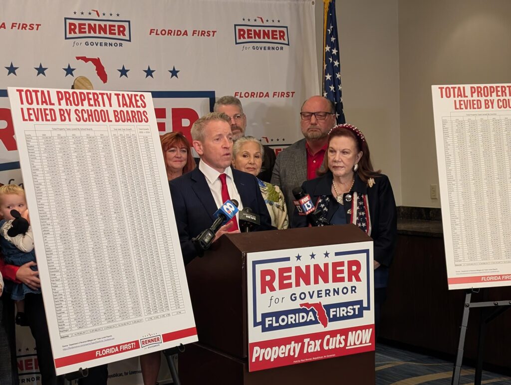 Gubernatorial candidate speaking at Florida tax policy press conference