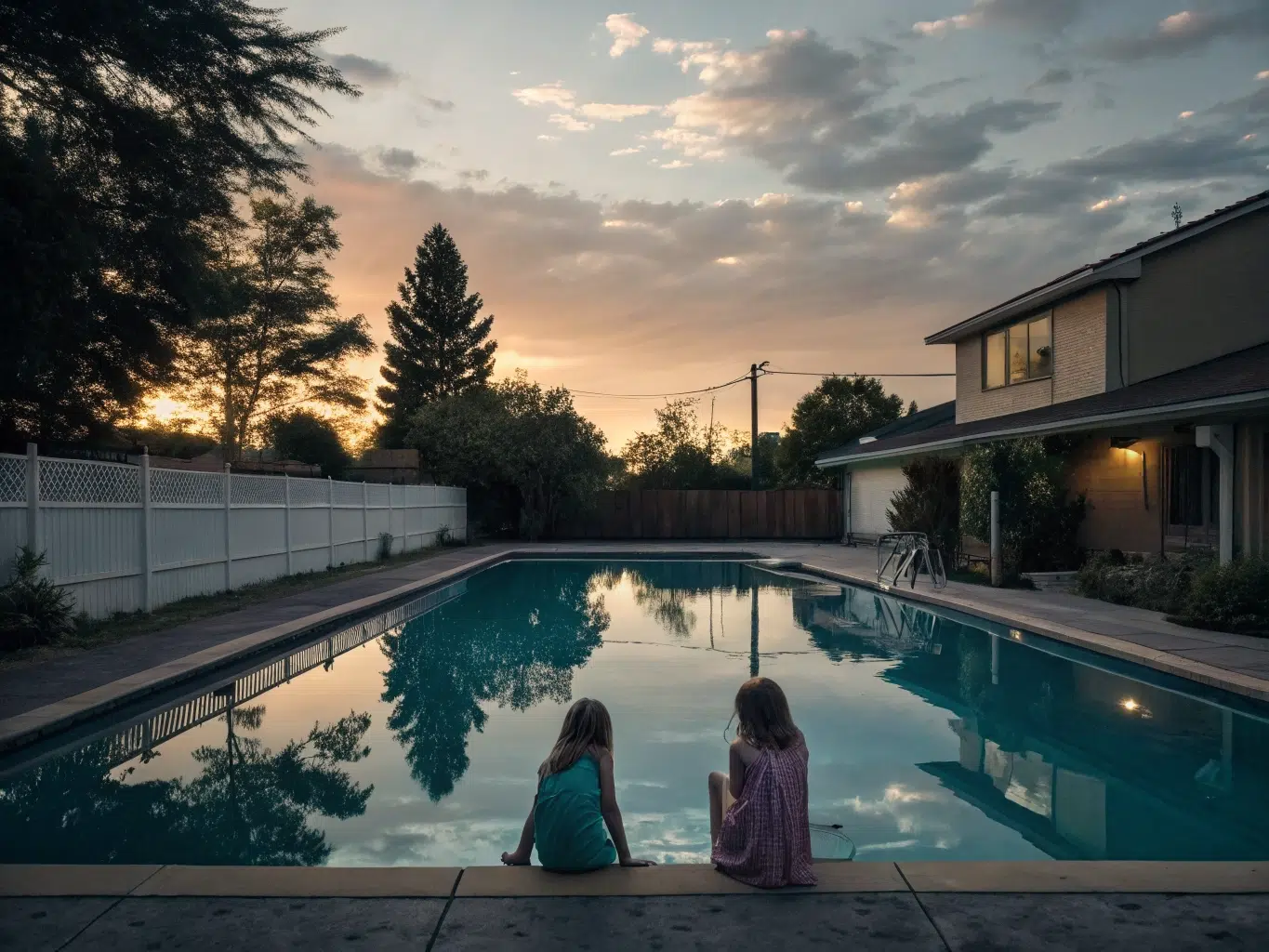Two children sitting by backyard pool at sunset