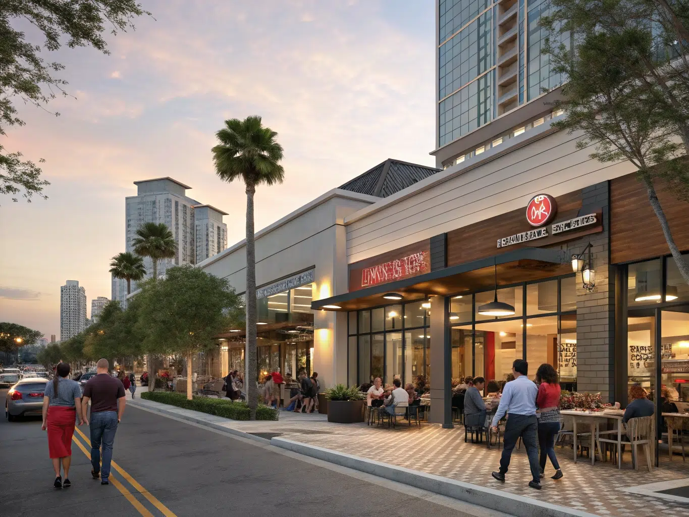 Outdoor dining along palm-lined city street at sunset