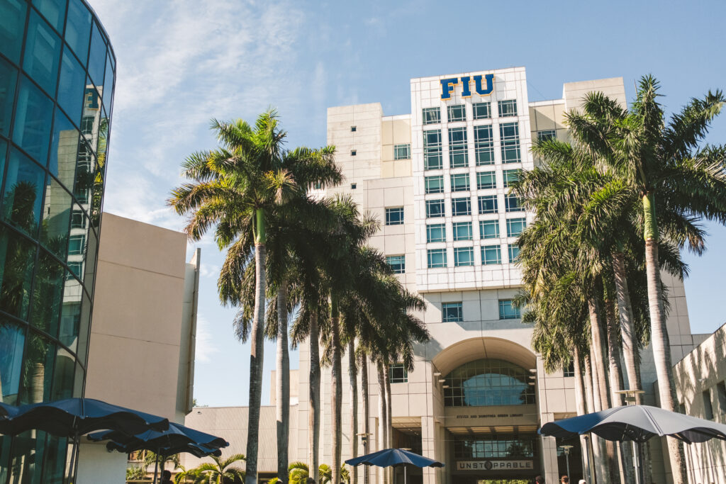FIU campus building with palm trees