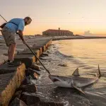 Man with fishing rod near shark at sunset — Fort Pickens shark bite