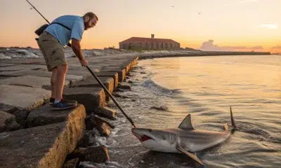 Man with fishing rod near shark at sunset