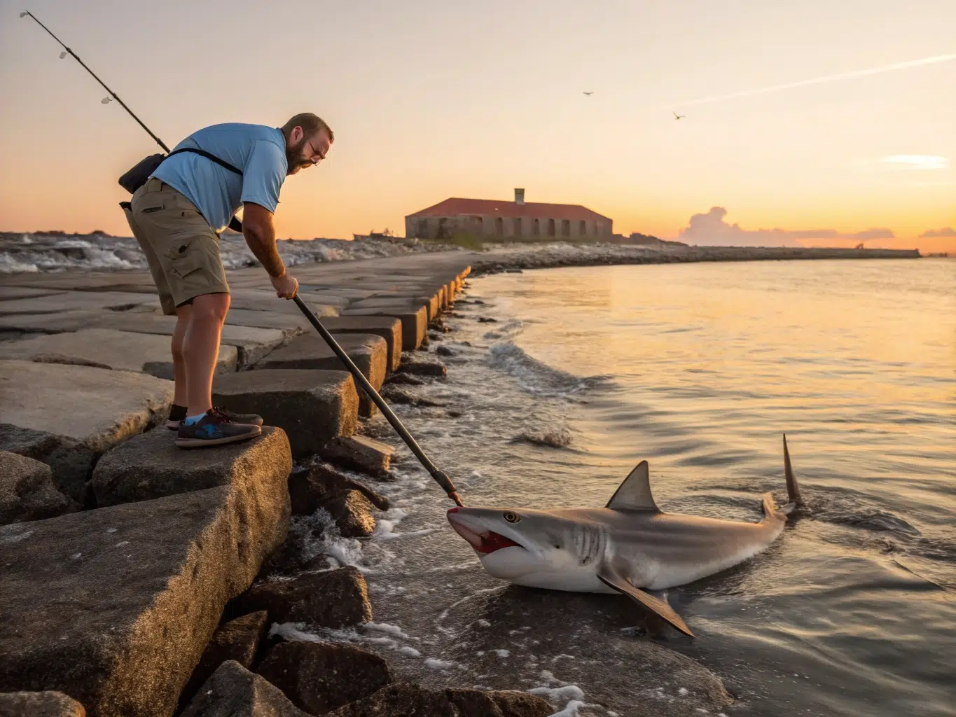 Man with fishing rod near shark at sunset