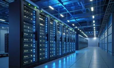 Modern data center with illuminated server racks