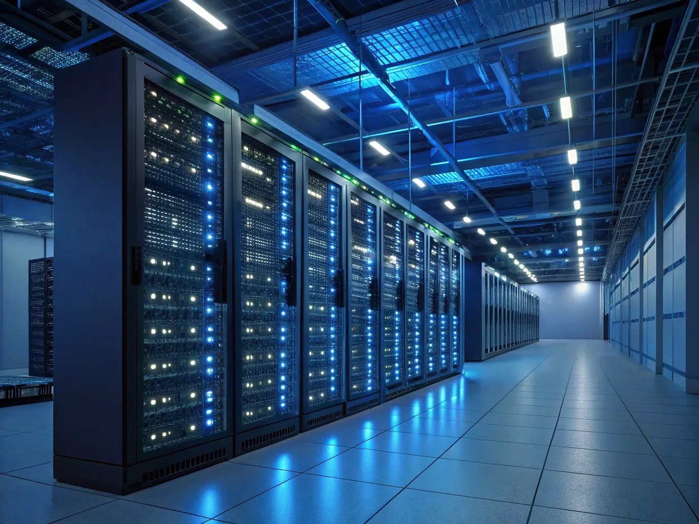 Modern data center with illuminated server racks