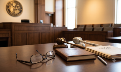 Courtroom desk with gavel, legal books, glasses