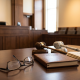Courtroom desk with gavel, legal books, glasses