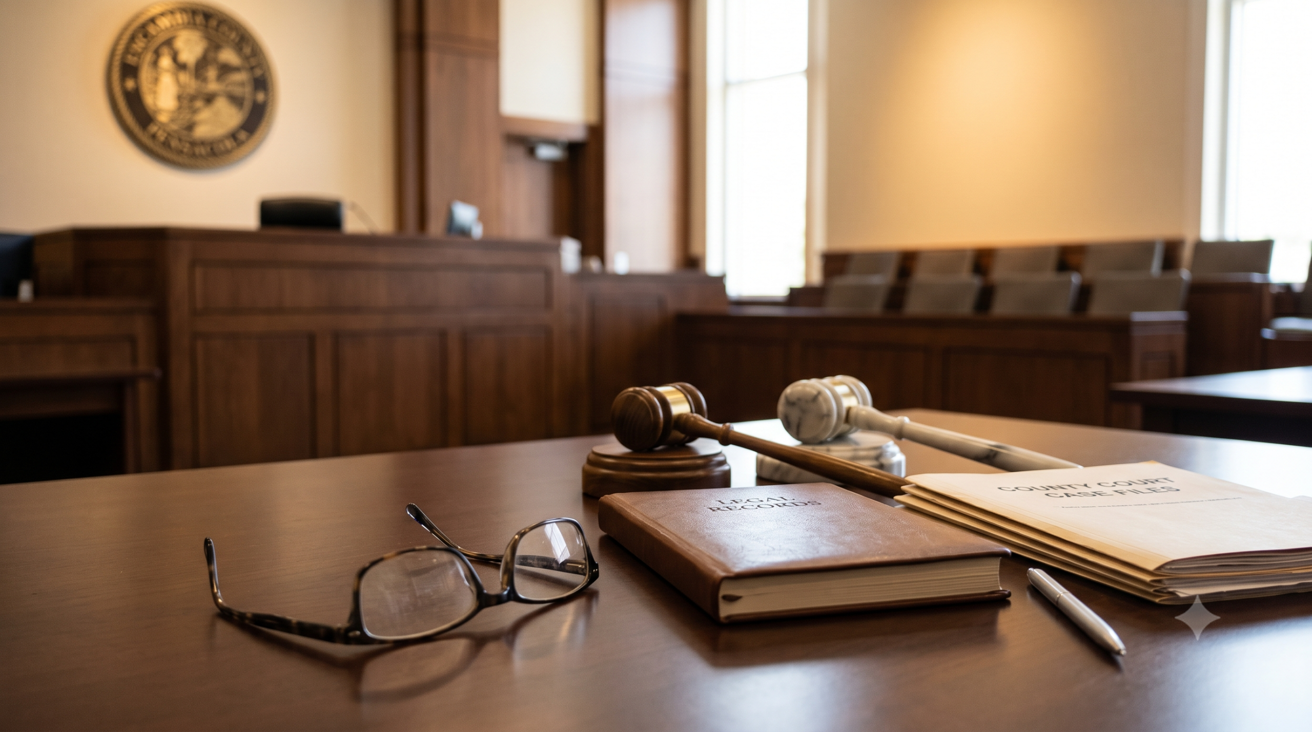 Courtroom desk with gavel, legal books, glasses