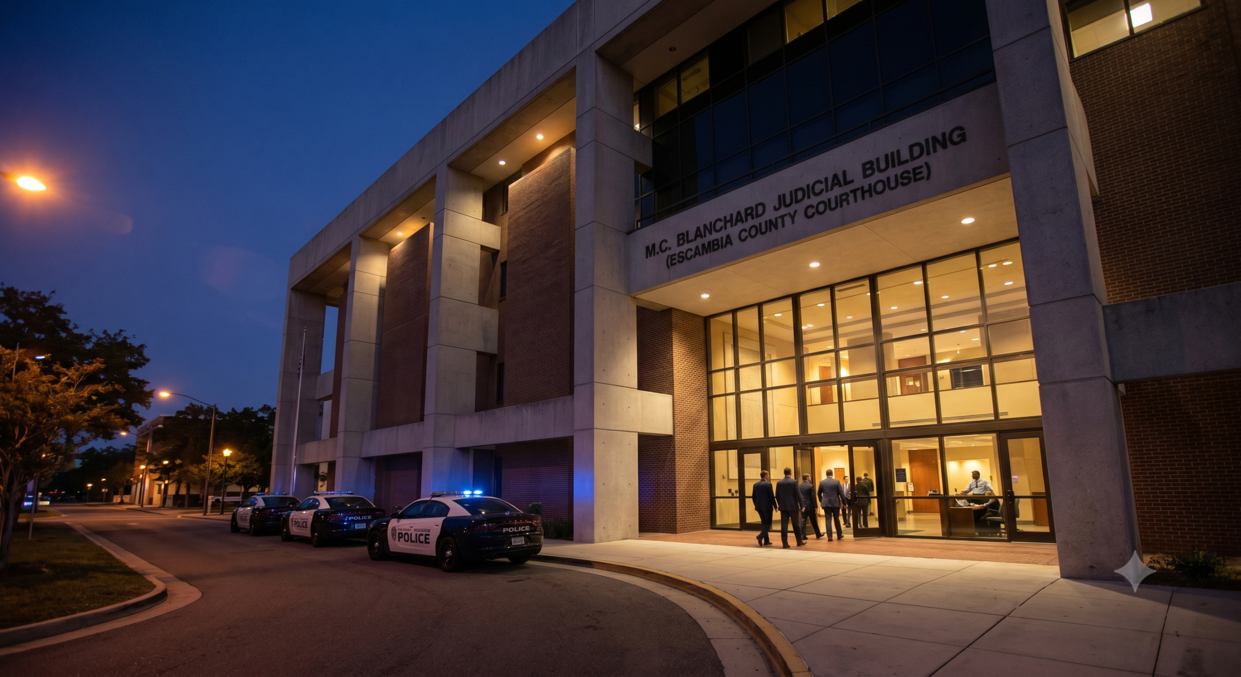 Police cars outside county courthouse at dusk