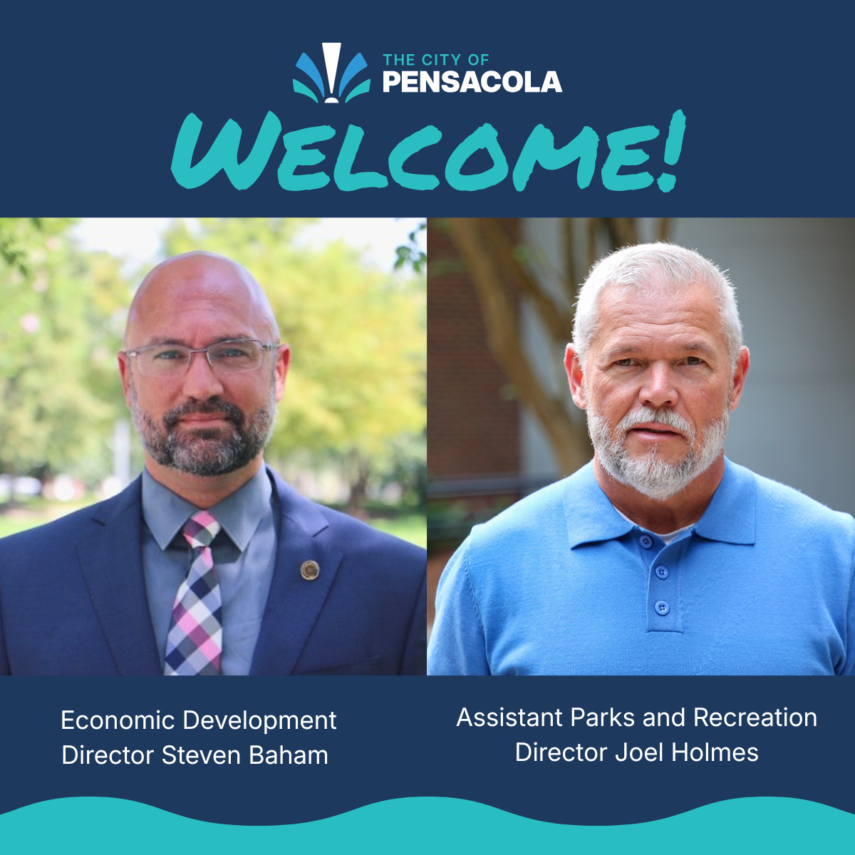 City of Pensacola welcome banner with two officials