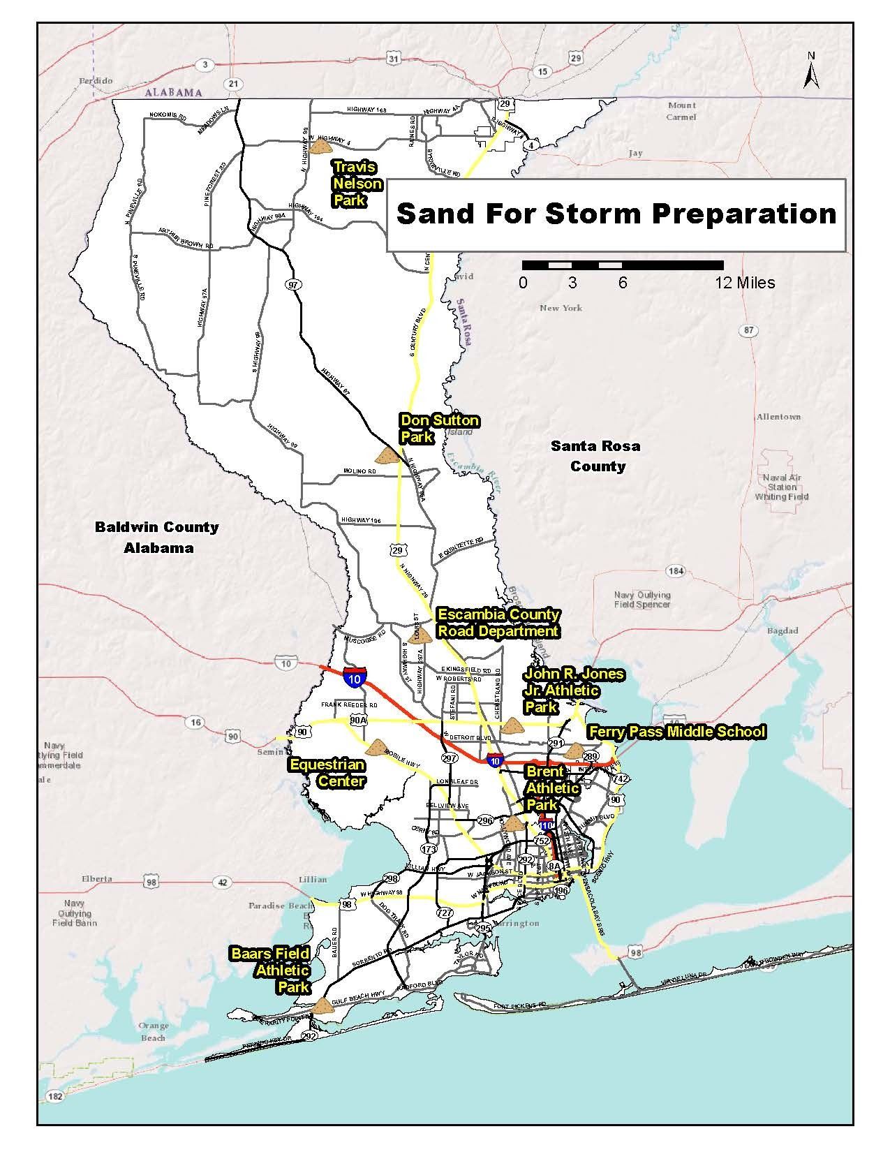 Map of sand pickup sites in Escambia County