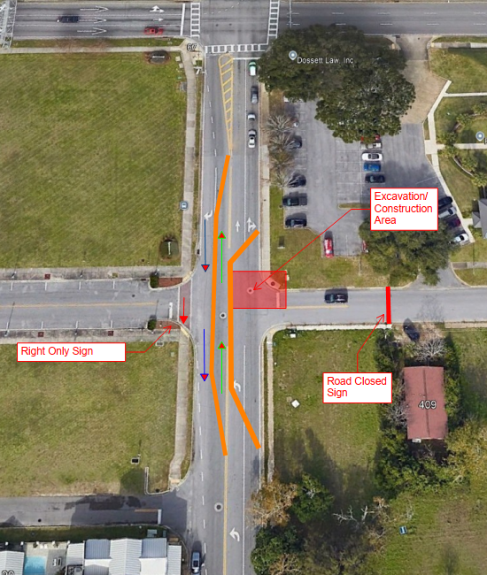 Aerial view of road construction detour layout