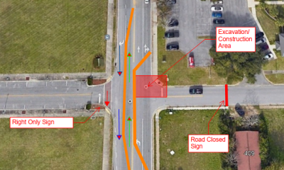 Aerial view of intersection with construction annotations