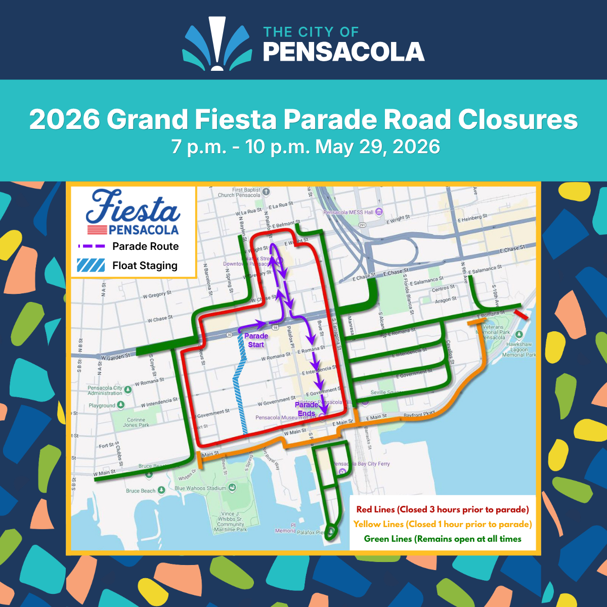 Pensacola 2026 Grand Fiesta Parade road closure map