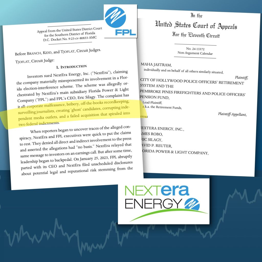 Court documents and NextEra Energy logo collage