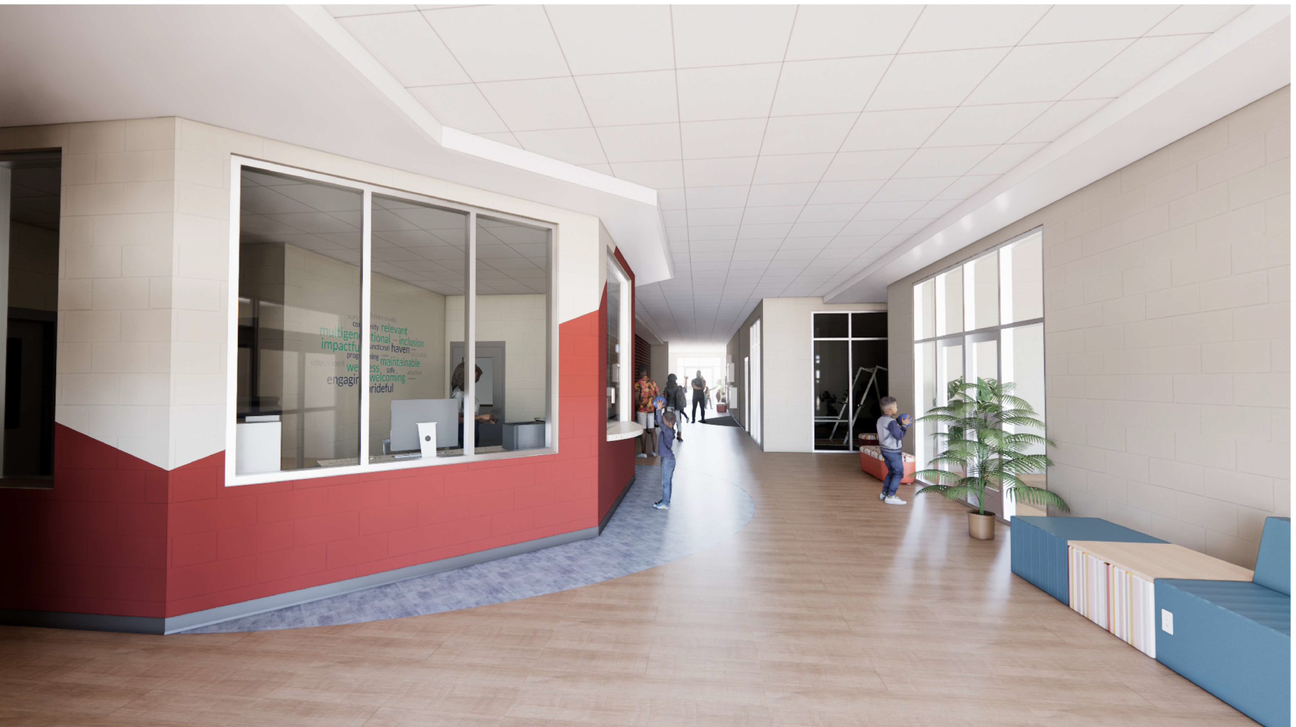 Modern school hallway with reception and students