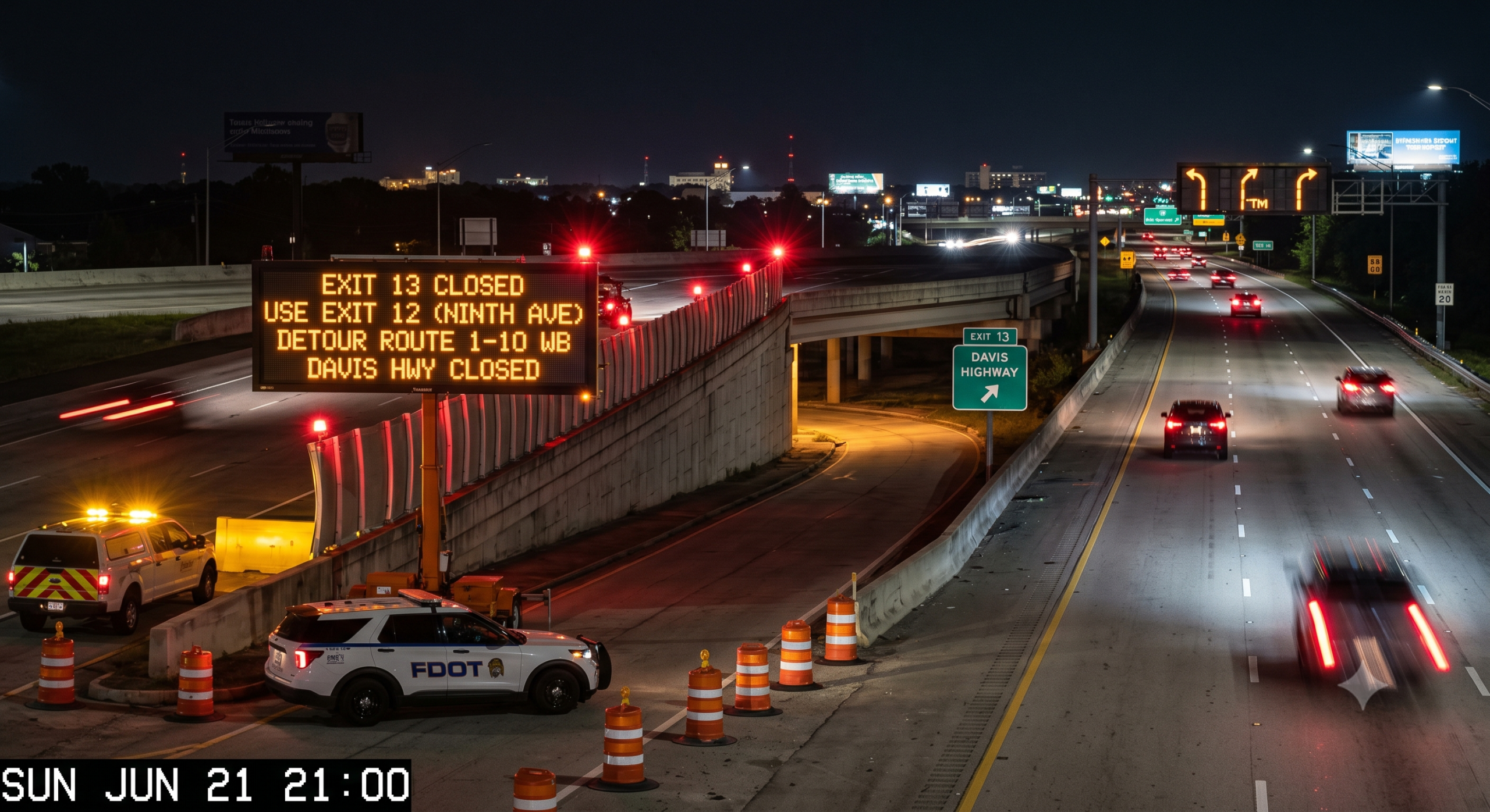 Highway exit closure sign at night with cones