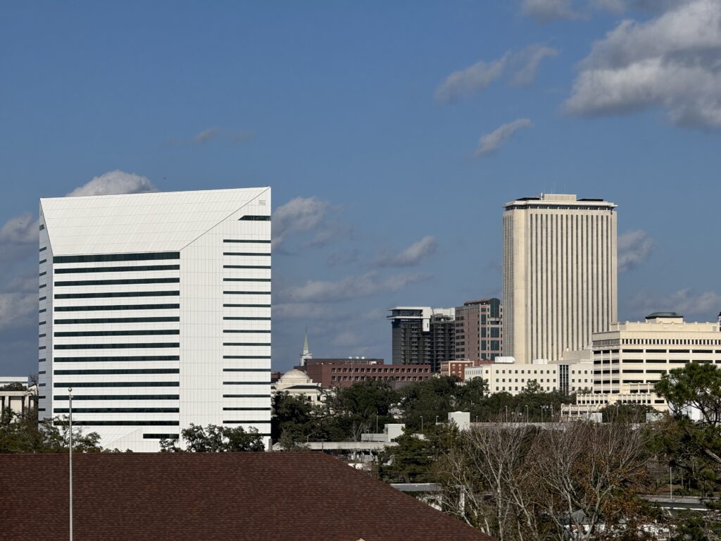 Modern city skyline with white and beige buildings