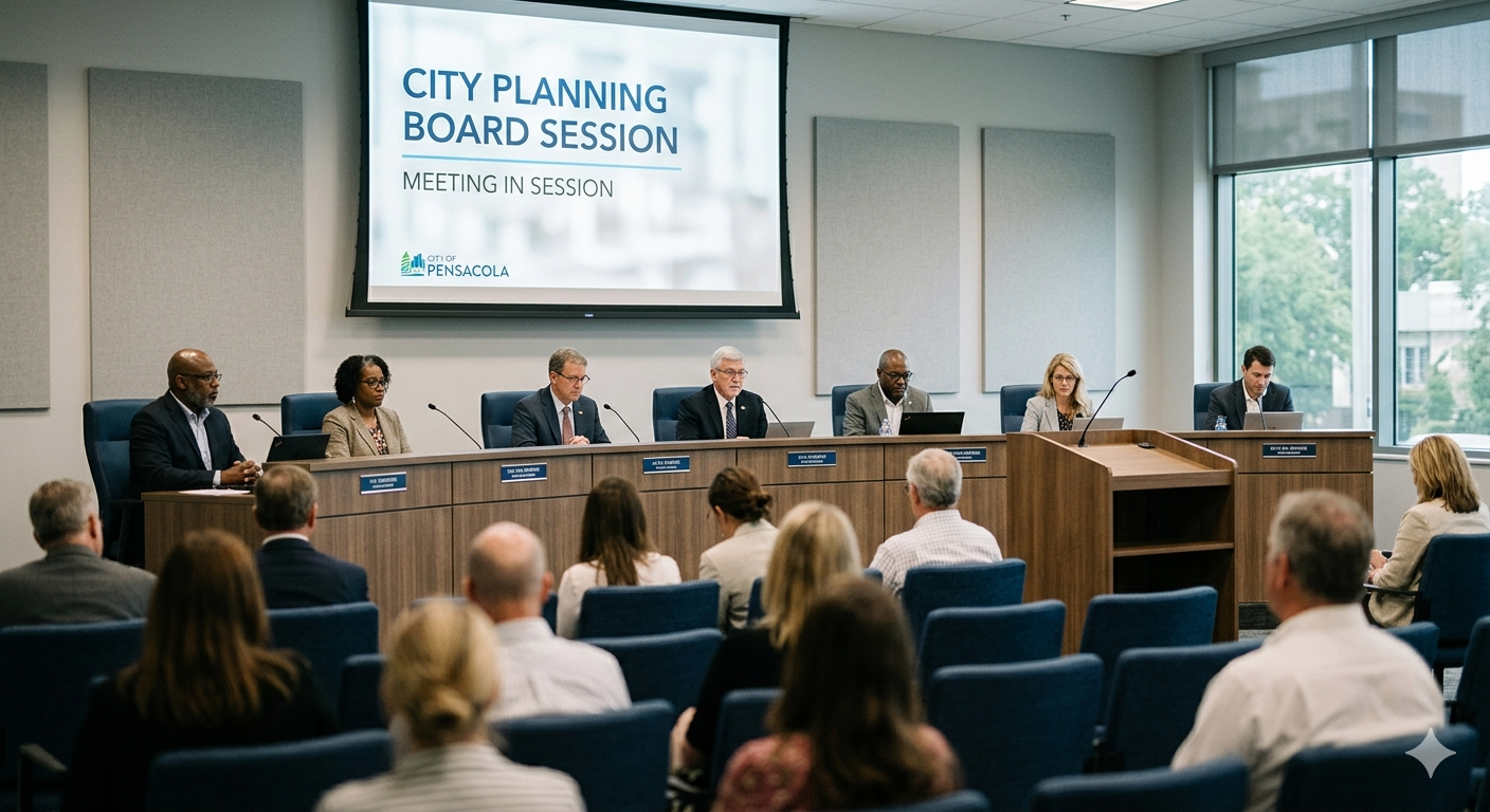 City planning board meeting with seated officials