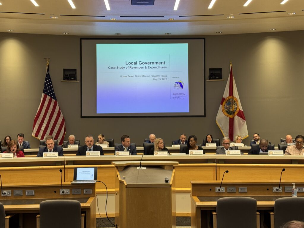 Government panel meeting with presentation and flags