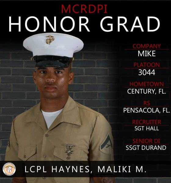 Marine Corps honor graduate portrait with details Maliki M. Haynes