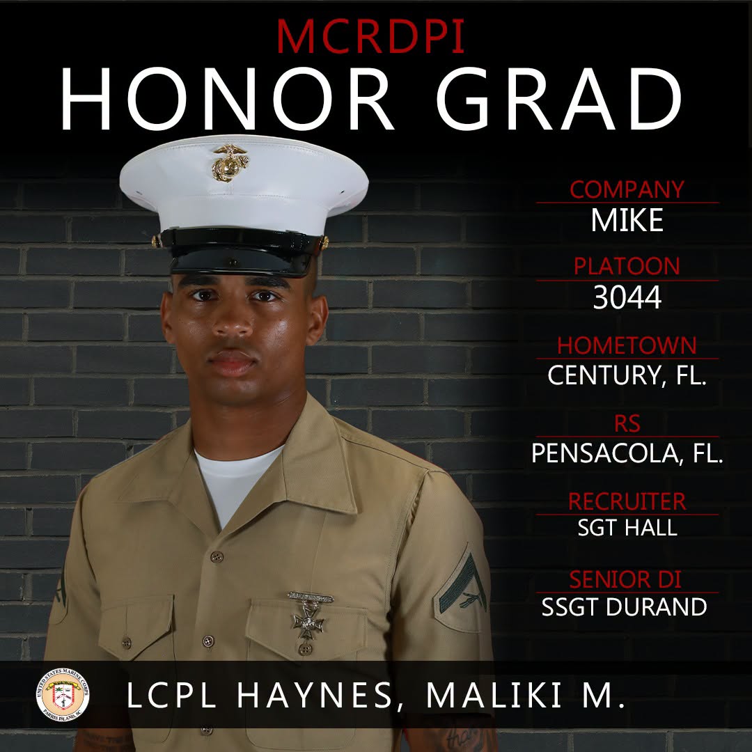 Marine Corps honor graduate portrait with details Maliki M. Haynes