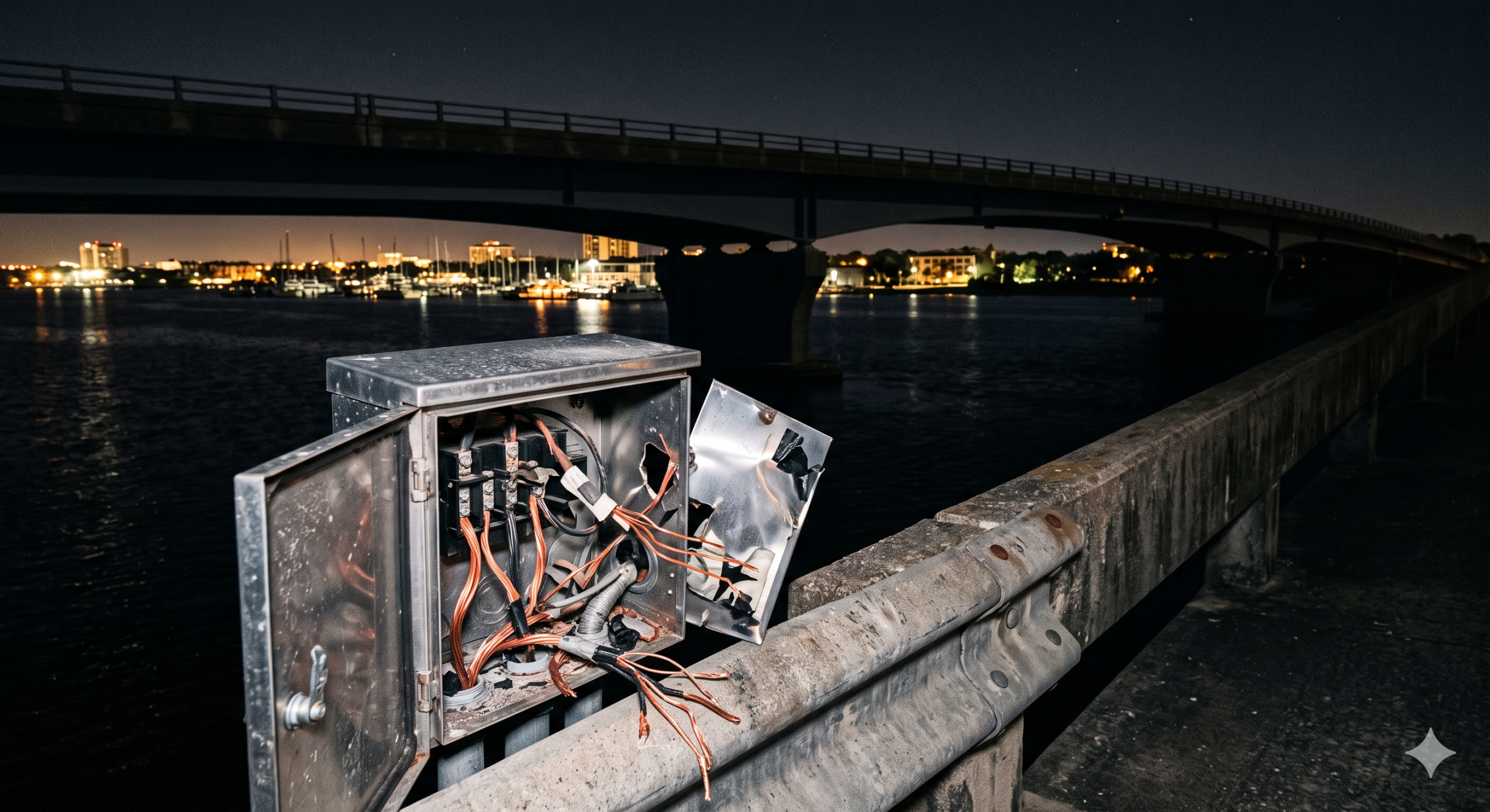 A close-up view of an opened electrical utility box on a concrete bridge railing at night, showing cut and exposed copper wires from a theft incident. In the background is the dark Barrancas Bridge over Bayou Chico with distant city lights.