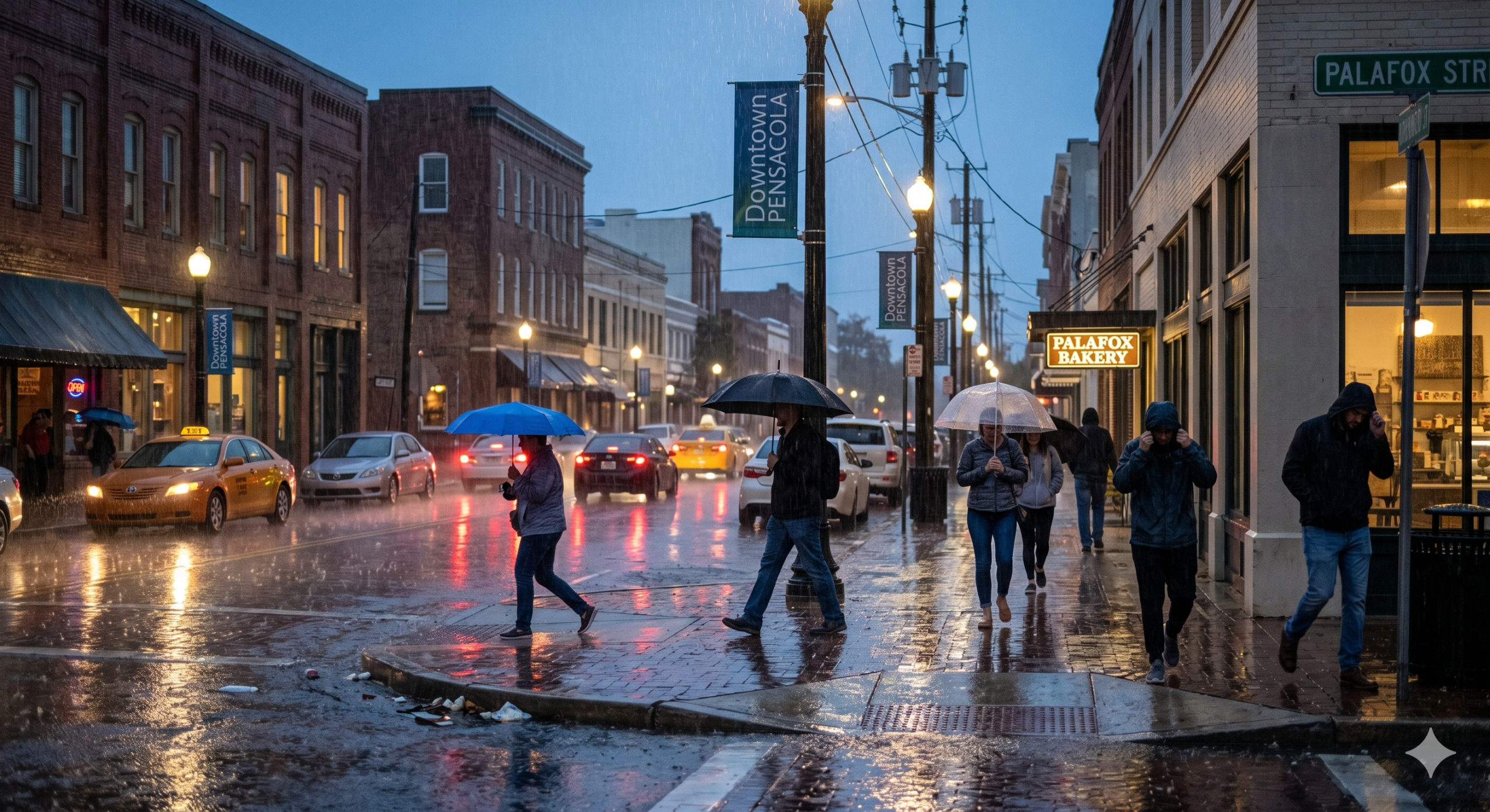Rainy evening in downtown Pensacola with umbrellas