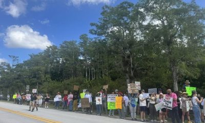 Protesters holding signs along roadside under blue sky