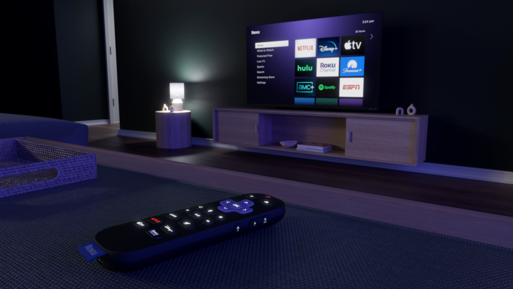 Remote control on table facing smart TV