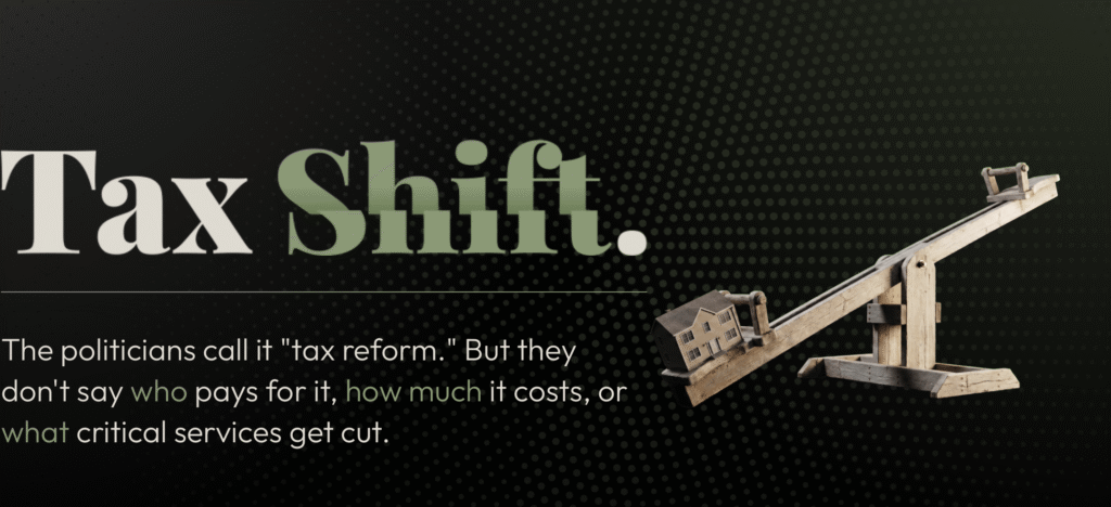 Tax shift concept with house on seesaw