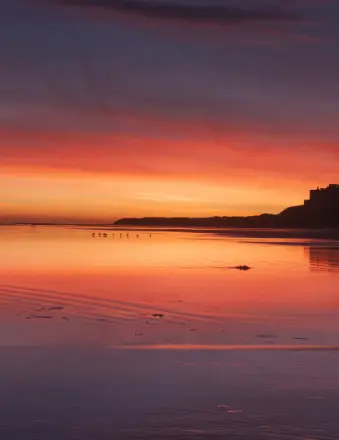 Vibrant sunset over calm beach shoreline