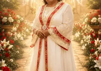 Woman in white robe in heavenly garden