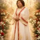 Woman in ornate white gown in heavenly garden