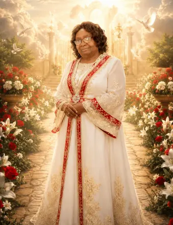 Woman in ornate white gown in heavenly garden