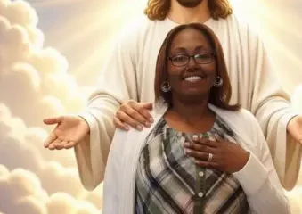 Woman standing before radiant depiction of Jesus