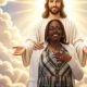 Woman standing before radiant depiction of Jesus