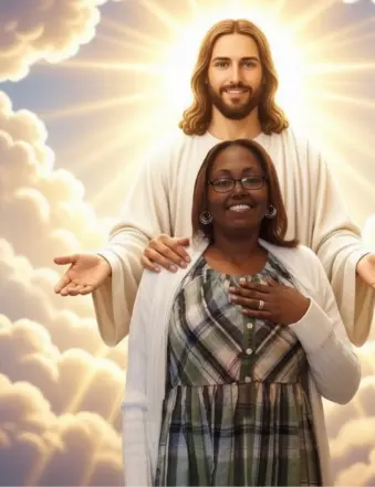 Woman standing before radiant depiction of Jesus