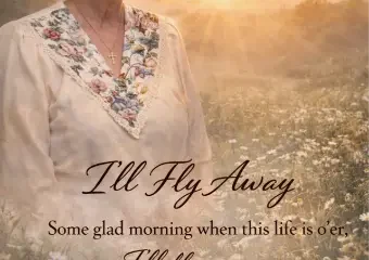 Elderly woman in sunset field with hymn text