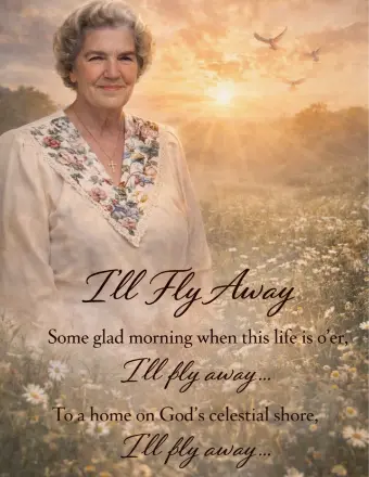 Elderly woman in sunset field with hymn text