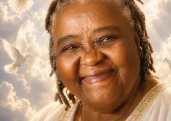 Smiling woman in white with doves and clouds background