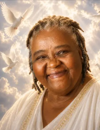 Smiling woman in white with doves and clouds background