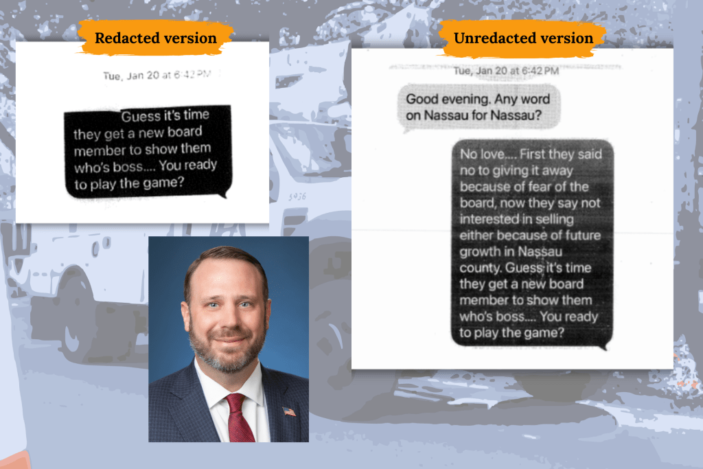 Redacted and unredacted text messages with portrait