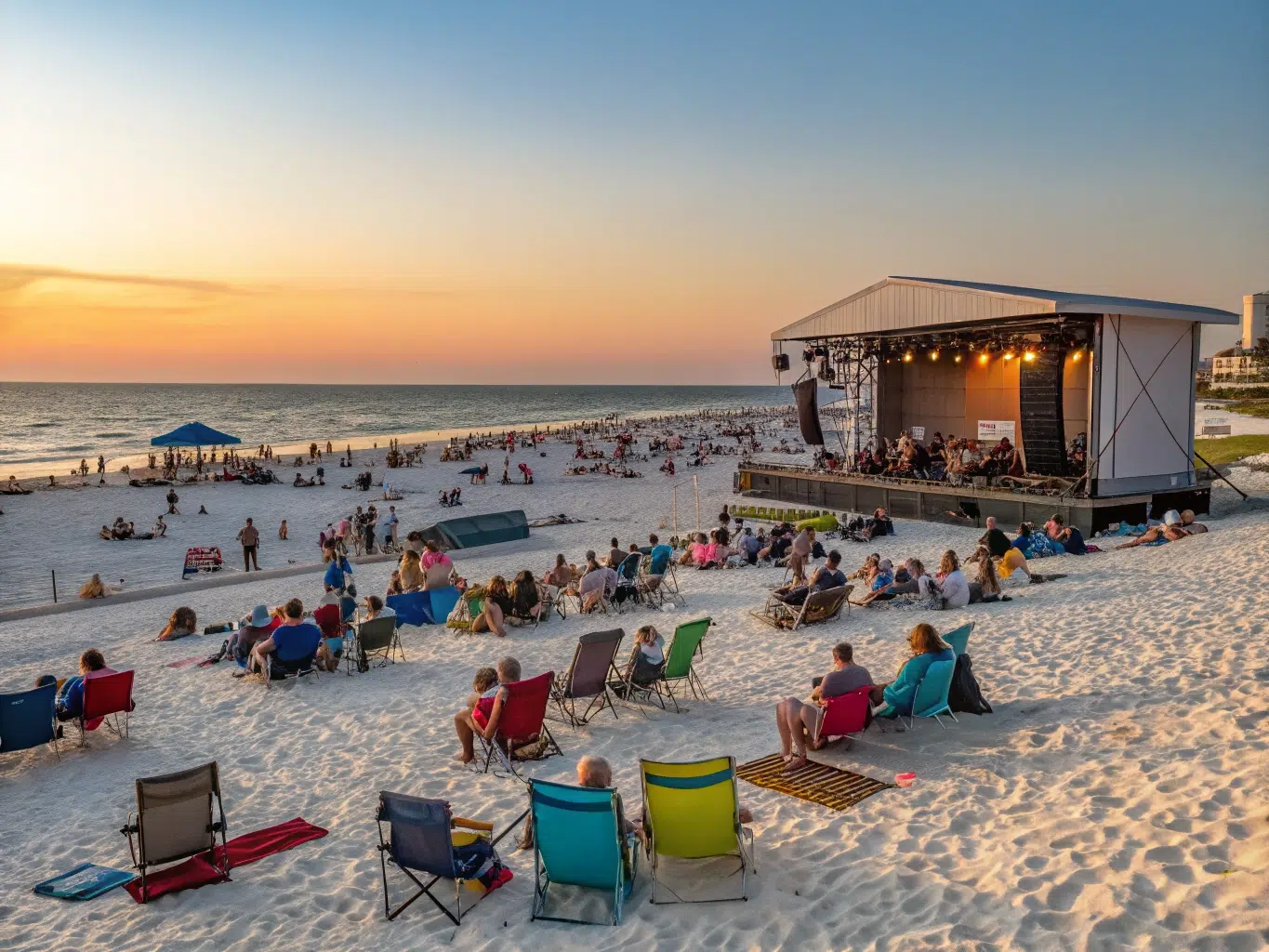 Beachfront concert at sunset with seated audience