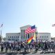 Protesters outside Supreme Court with American flags