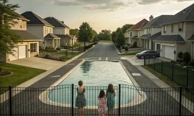 Three children watching pool in suburban street