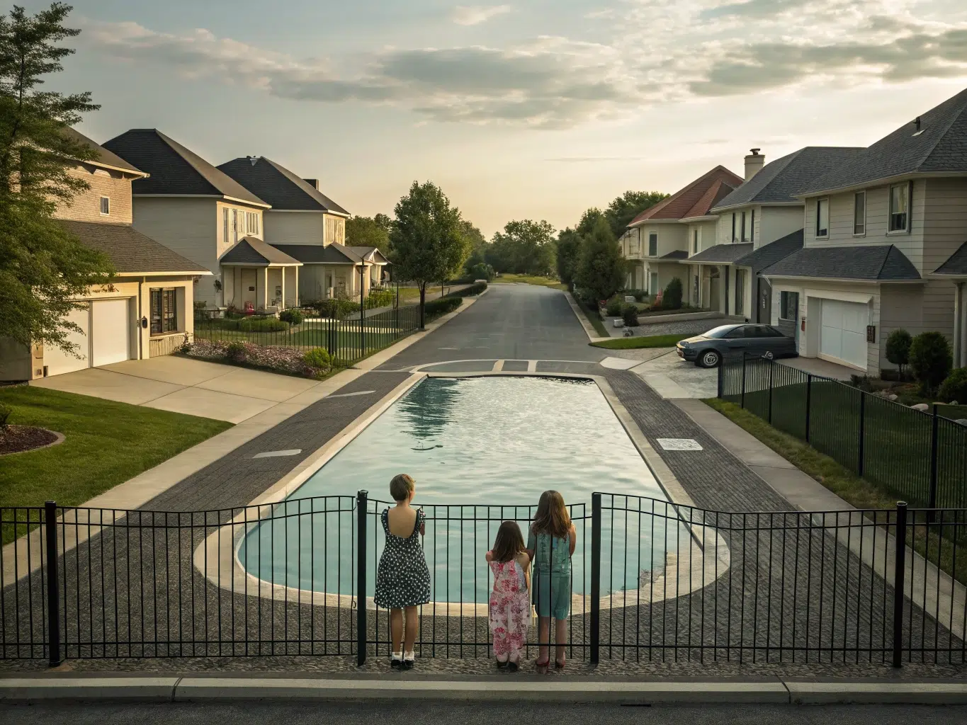 Three children watching pool in suburban street