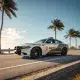 Sheriff patrol car on palm-lined coastal road